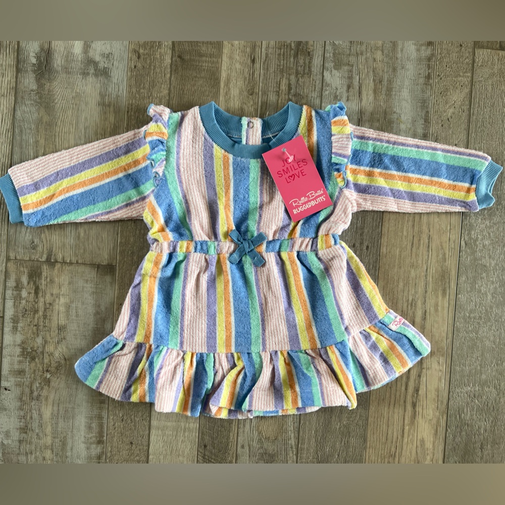 NWT RuffleButts Colorful Striped Baby Sweatshirt Dress